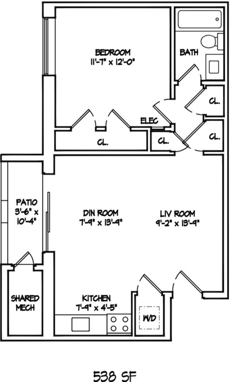 Floor plan for 1 bed, 1 bath, 538 sqft